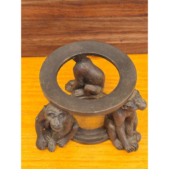 Vintage Brass Monkey Figurine Stand With White Marble Sphere Decorative Collecti - Picture 8 of 12